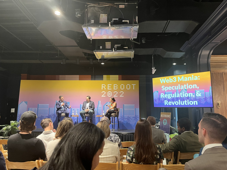 L-R: Miami's Mayor Francis Suarez, author Antonio Garcia Martínez, and Paradigm's Katie Biber onstage at Reboot 2022