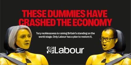 'These dummies have crashed the economy,' reads a poster of Truss and Kwarteng