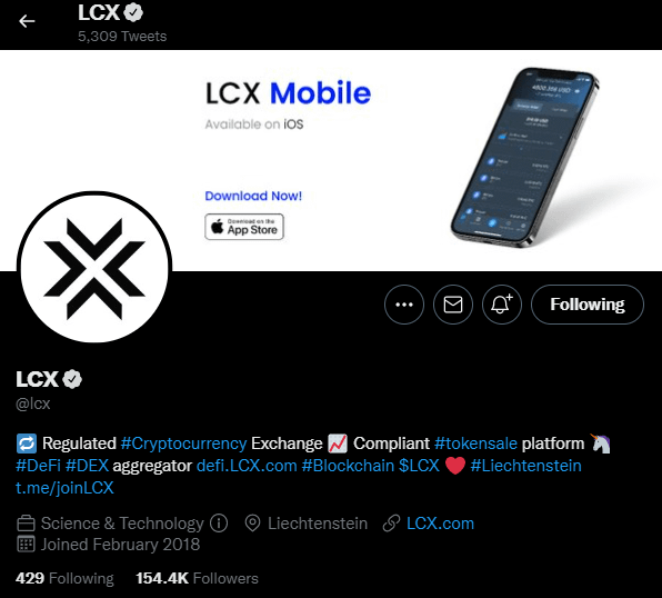 Liechtenstein Cryptoassets Exchange (LCX) - Twitter