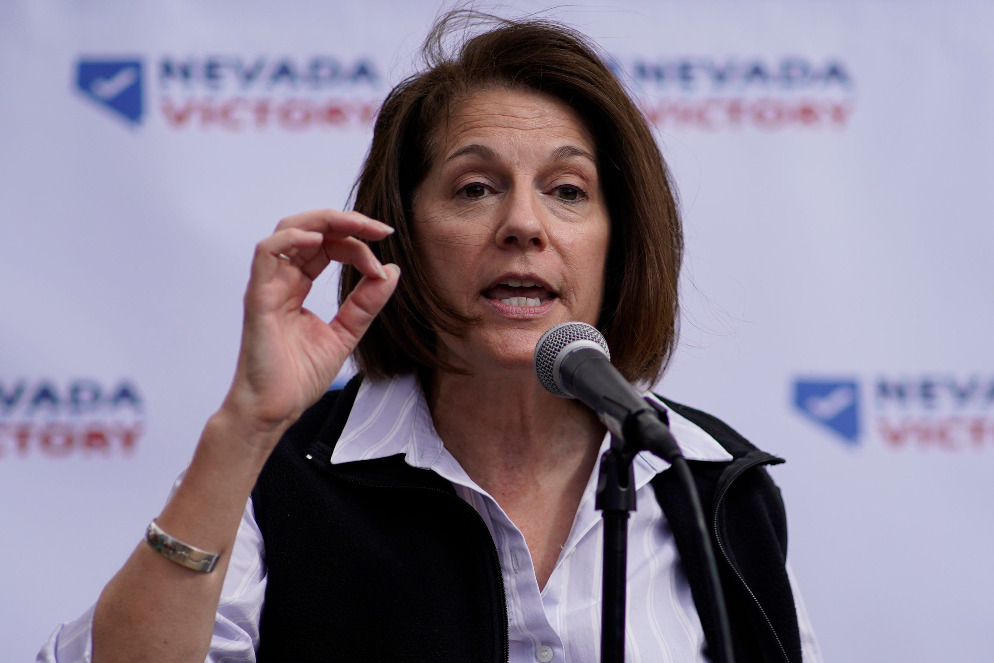 Sen. Catherine Cortez Masto, D-Nev., speaks during a get-out-the-vote rally Saturday, Oct. 22, 2022, in Las Vegas. Masto is running against Republican candidate Adam Laxalt. (AP Photo/John Locher) ORG XMIT: NVJL126