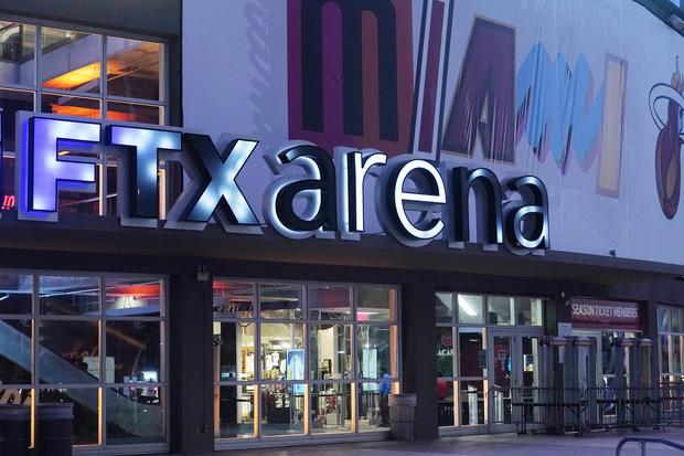 A sign for the FTX Arena, where the Miami Heat basketball team play (Marta Lavandier/AP)