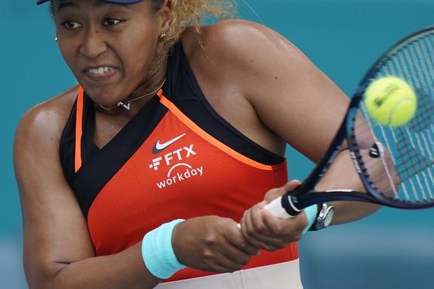 The FTX logo on Naomi Osaka&rsquo;s outfit during the Miami Open tennis tournament in April (Wilfredo Lee/AP)