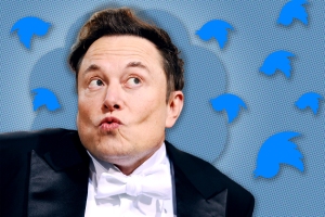 A photo composite featuring Elon Musk and the Twitter logo