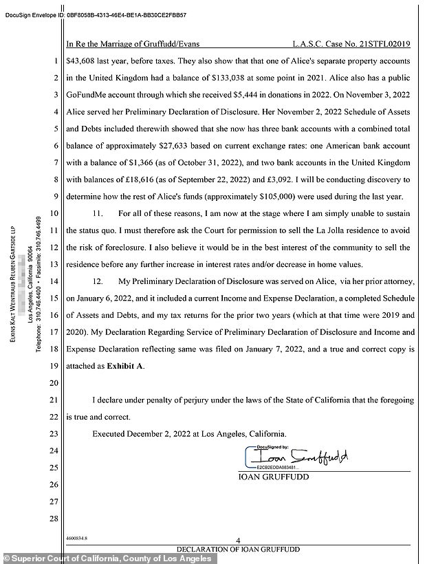 In court documents obtained by DailyMail.com, Gruffudd is asking a court to let him sell their $2million marital home where Evans has been living rent free