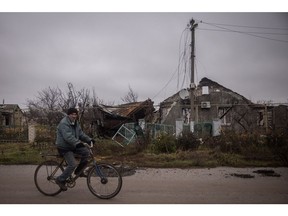 Destroyed houses in the village of Posad Pokrovske on November 30 in Kherson, Ukraine. Photographer: Chris McGrath/Getty Images