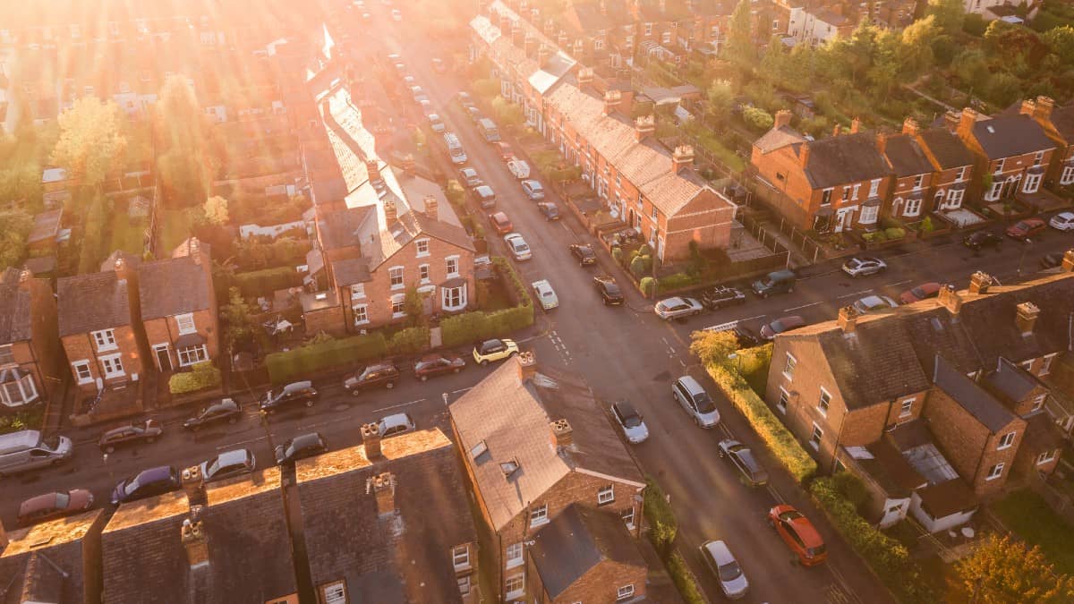 Sun setting over a traditional British neighbourhood.