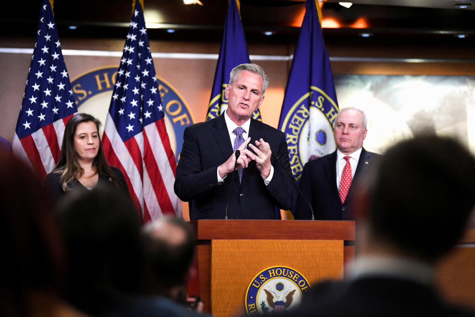 House Minority Leader Rep. Kevin McCarthy (R-CA) presides over a press conference at the U.S. Capitol on December 14, 2022. REUTERS/Mary F. Calvert