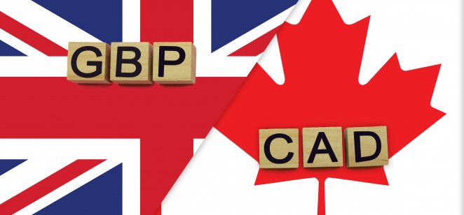 United Kingdom and Canada currencies codes on national flags background. International money transfer concept