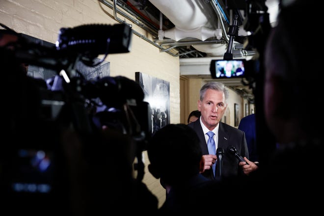 U.S. Speaker of the House Kevin McCarthy (R-CA) speaks to reporters on Jan. 11, 2023 about issues including committee assignments for Rep. George Santos (R-NY).