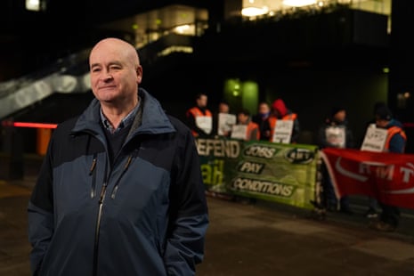Mick Lynch with RMT members at a picket line at Euston station in London this morning.