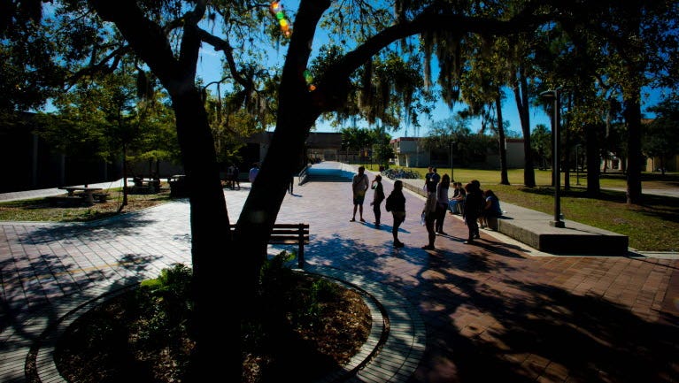 Students chat in between classes at New College of Florida in Sarasota.