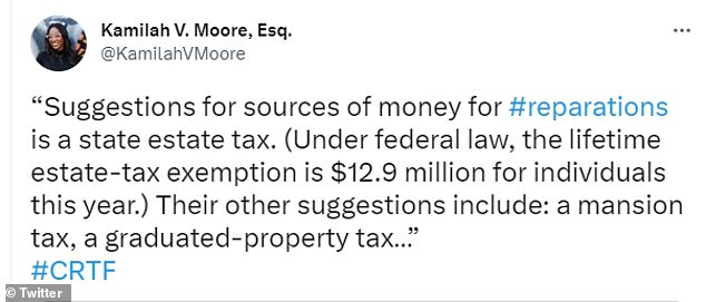 She tweeted over the weekend that the panel is considering proposing a state estate tax, a mansion tax or a graduated-property tax in its final recommendations to the state legislature, which are due this summer