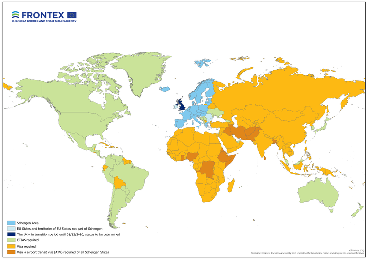 A map showing which nationals will need ETIAS approval to enter countries of the European Union which belong to the Schengen Area. (Credit: Frontex)