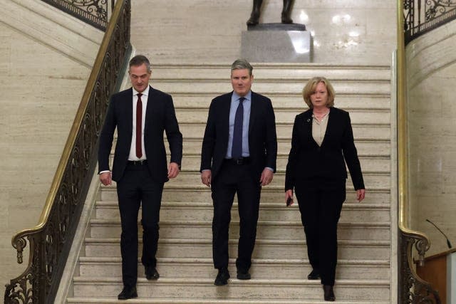 Peter Kyle, Sir Keir Starmer and shadow leader of the House of Lords Baroness Angela Smith at Stormont