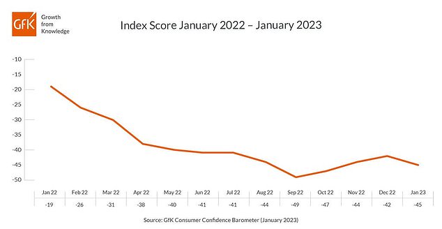 Pessimism: GfK's monthly Consumer Confidence Index, a long-running measure of how Britons view their personal finances and the overall economy, declined to -45 in January