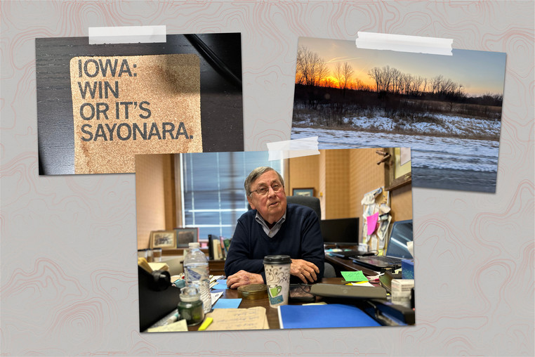 coaster that says Iowa Win or it's Sayonara, Nagle at his desk and sunset behind a field