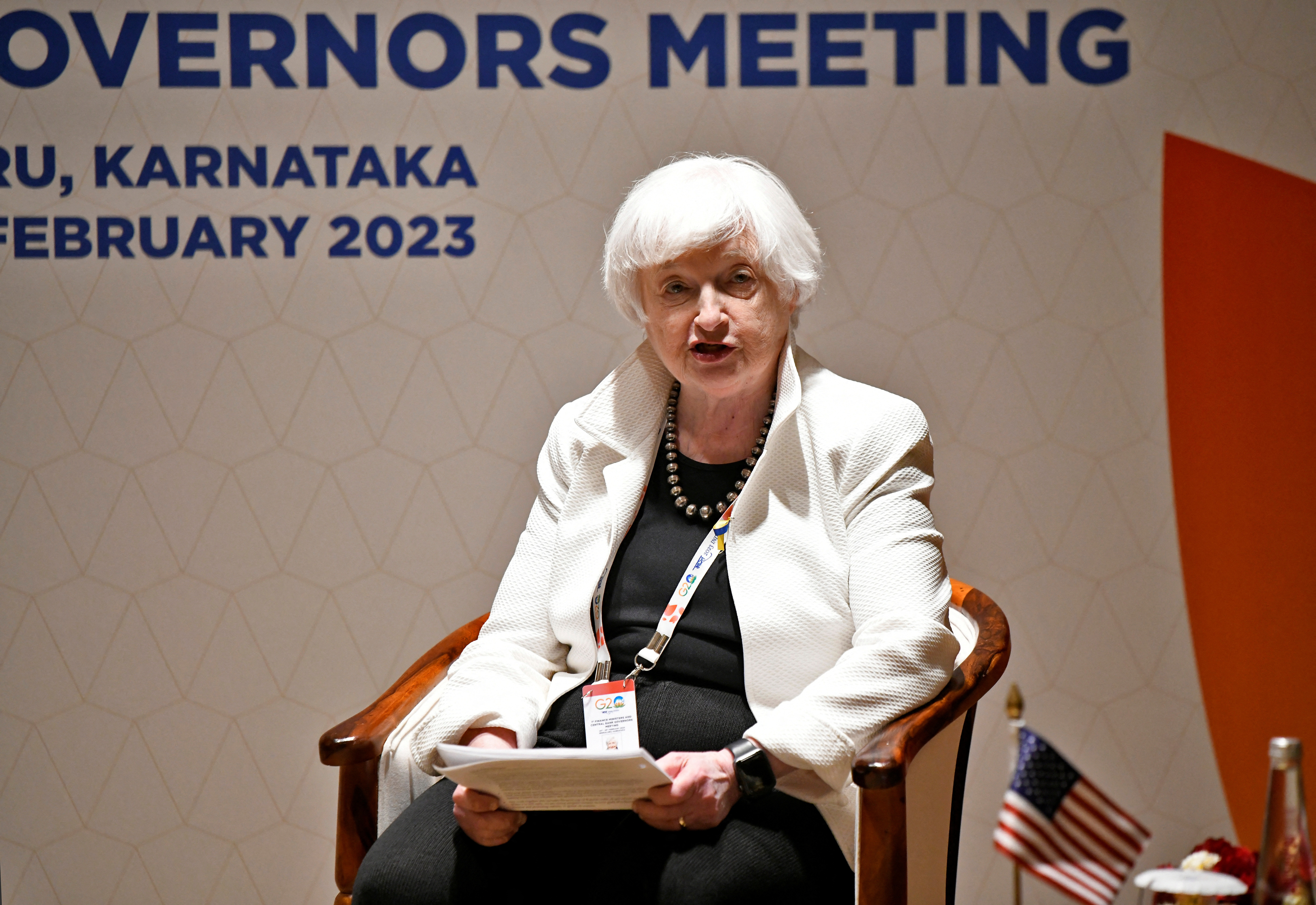 British Chancellor of the Exchequer Jeremy Hunt and U.S. Treasury Secretary Janet Yellen during their bilateral meeting on outskirts of Bengaluru