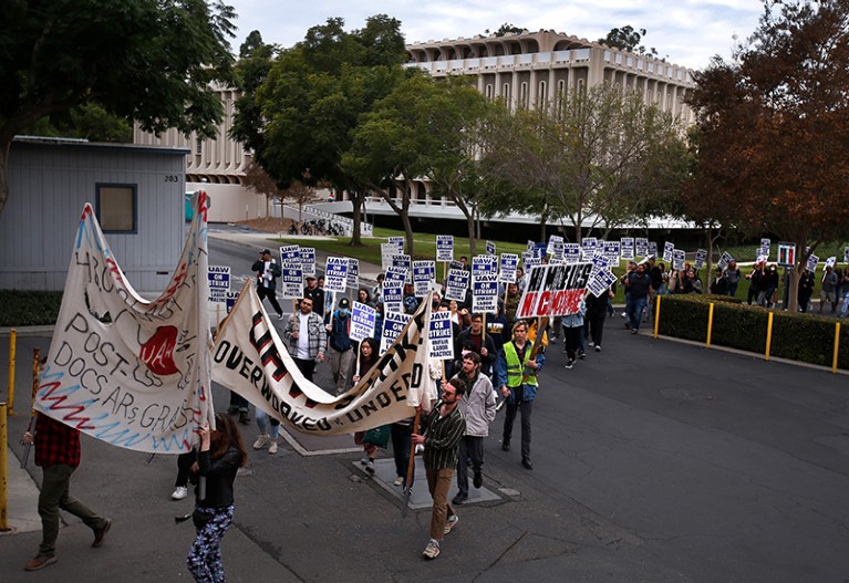 University of California picketers protest at University of California-Irvine in Irvine, 2022.