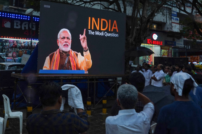 The BBC documentary “India: The Modi Question” is projected on a screen in Kochi, Kerala, on Jan. 24.Photographer: Arun Chandrabose/AFP/Getty Images/Bloomberg