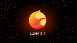 The LUNA 2.0 crypto logo for Terra 2.0 over a black background with small radiating dots