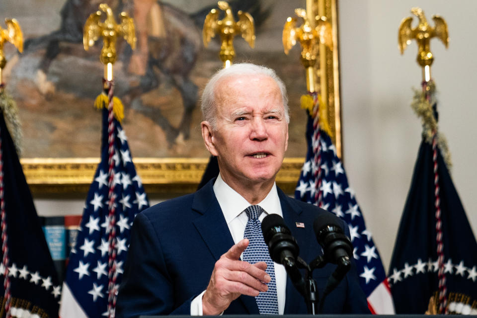 WASHINGTON, DC  March 13, 2023:

US President Joe Biden delivers remarks on maintaining the banking system and protecting our economic recovery in the Roosevelt Room of the White House on Monday, March 13, 2023.

(Photo by Demetrius Freeman/The Washington Post via Getty Images)