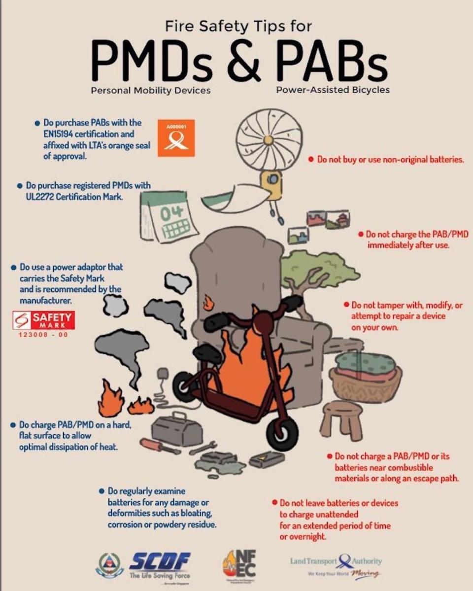 A fire safety tips infographic for PMDs & PABs from Singapore Civil Defence Force 