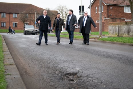 Rishi Sunak with Darlington council leader Jonathan Dulston (far right), Tees Valley mayor Ben Houchen (second from right) and Darlington MP Peter Gibson (far left) in Firth Moor.