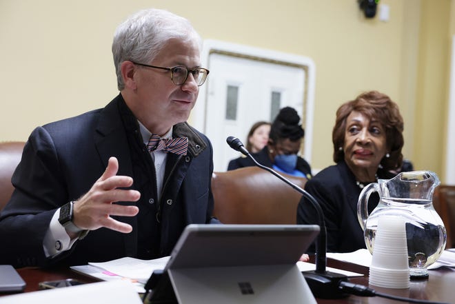 Rep. Patrick McHenry, R-N.C., (L) speaks as Rep. Maxine Waters, D-Calif., (R) listens during a hearing before the House Committee on Rules Jan. 31, 2023, in Washington, D.C.