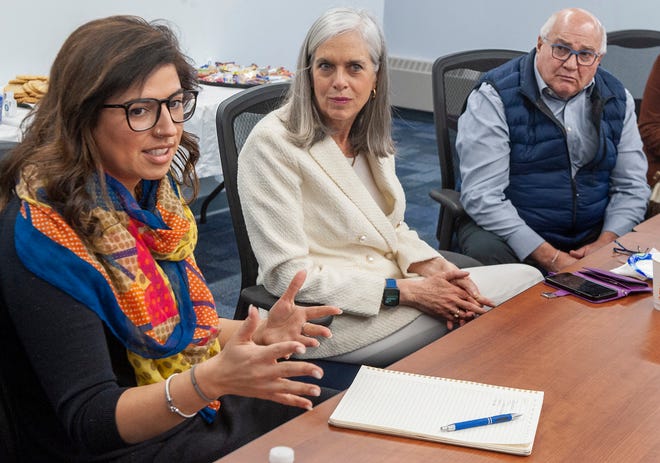 U.S. Rep. Katherine Clark, center, met with Framingham officials at the MetroWest Regional Transity Authority, March 21, 2023. From left are state Rep. Priscila Sousa, Clark and Mayor Charlie Sisitsky.