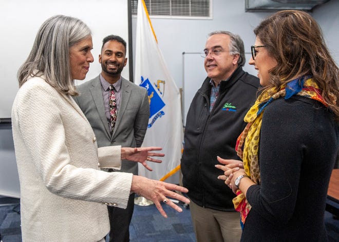 U.S. Rep. Katherine Clark, left, visited the MetroWest Regional Transit Authority in Framingham to meet with city officials, March 21, 2023. From left are Clark, Downtown Framingham Inc. Executive Director Reyad Shah, City Councilor John Stefanini and state Rep. Priscila Sousa, D-Framingham.
