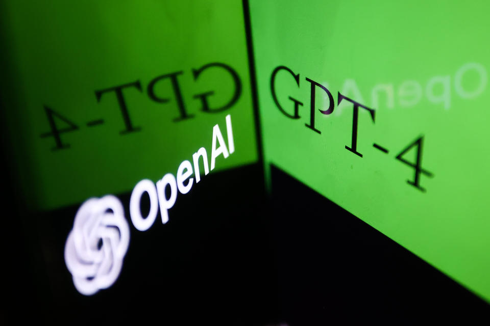 GPT-4 sign on website displayed on a laptop screen and OpenAI logo displayed on a phone screen are seen in this illustration photo taken in Poland on March 14, 2023. (Photo by Jakub Porzycki/NurPhoto via Getty Images)
