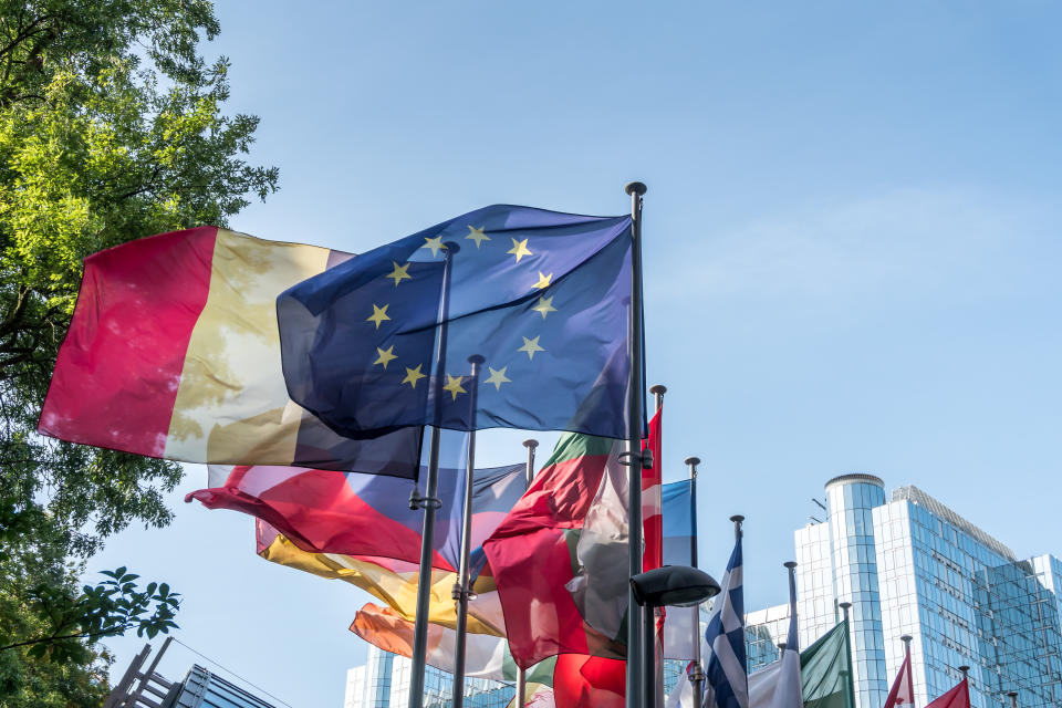 European national flags in front of European Parliament building in Brussels, Belgium.