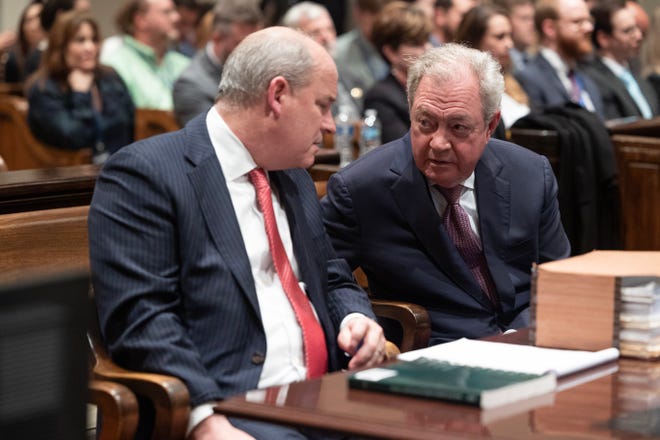 Defense attorney Dick Harpootlian and Defense attorney Jim Griffin speak after their client Alex Murdaugh is found guilty on all counts for the murder of his wife and son at the Colleton County Courthouse on Thursday, March 2, 2023. 