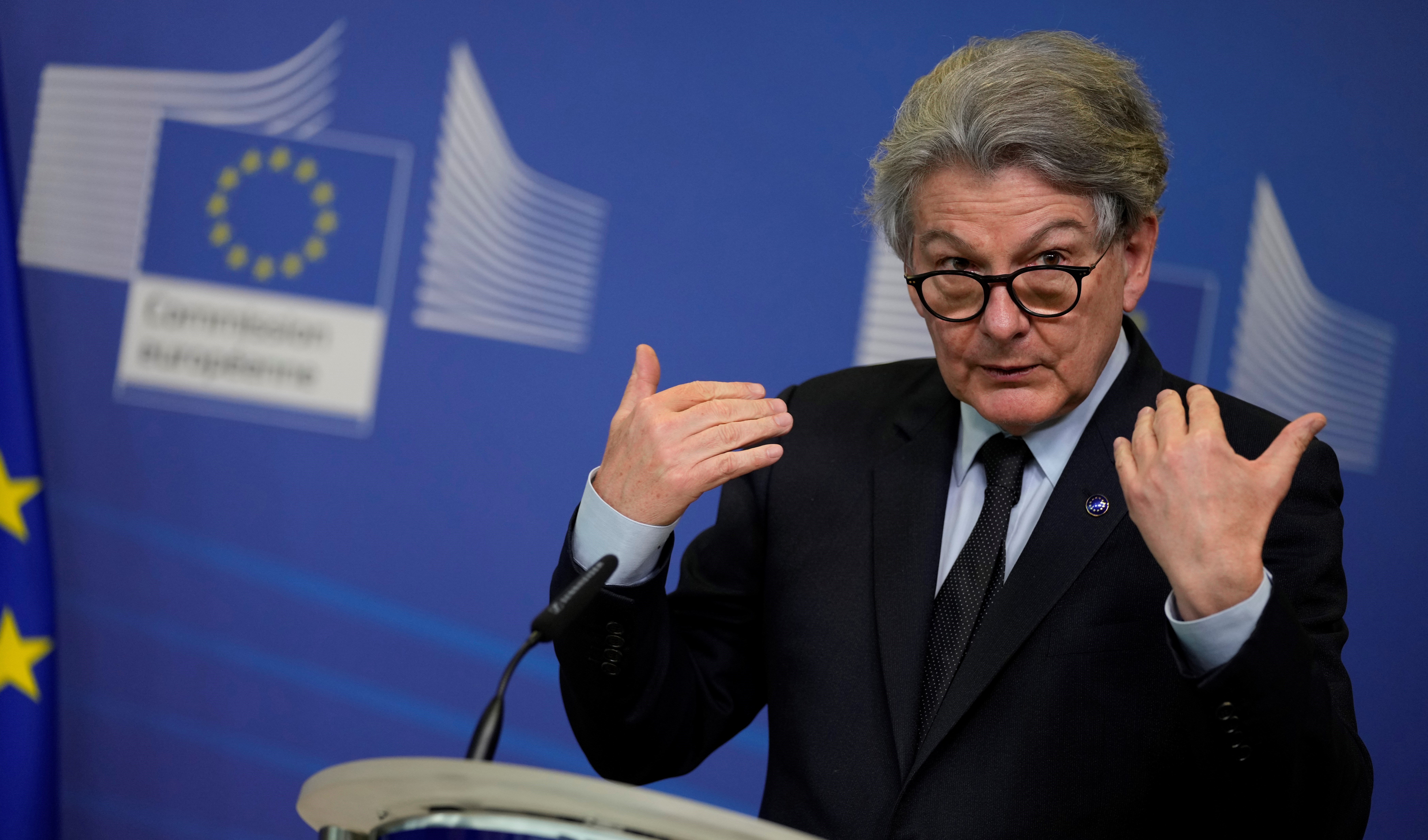 European Commissioner for Internal Market Thierry Breton speaks during a signature ceremony regarding the Chips Act at EU headquarters in Brussels, on February 8, 2022 (AP).