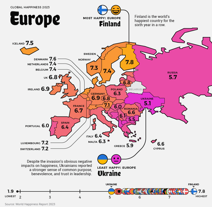world's happiest countries 2023 - Europe map