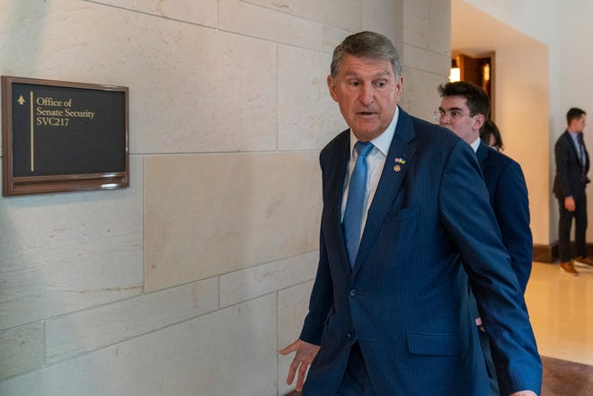 Sen. Joe Manchin, D-W.Va., arrives for a closed door briefing about the leaked highly classified military documents, on Capitol Hill, Wednesday, April 19, 2023, in Washington.