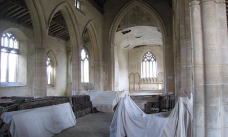 Interior of abandoned Norfolk church, St Andrew, Tottington