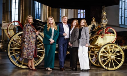 (L-R): Queen Maxima, Princess Amalia, King Willem-Alexander, Princess Alexia and Princess Ariane pose at the New Church in Amsterdam in November 2022.