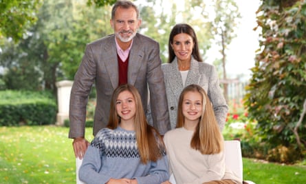 Clockwise from top left: King Felipe, Queen Letizia, Princess Leonor and Infanta Sofia pose for their 2021 Christmas card.
