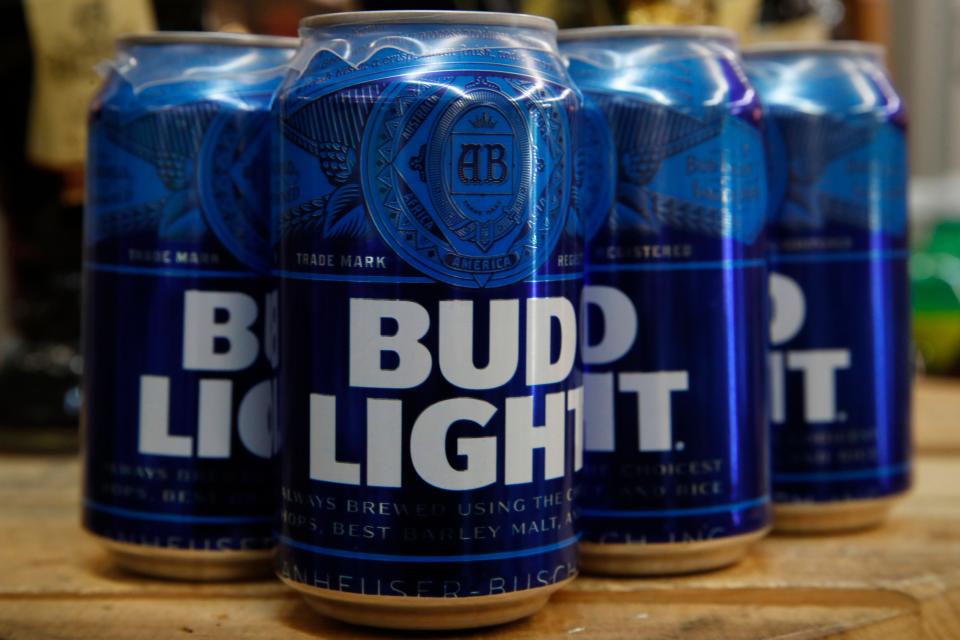 Cans of Bud Light beer. The brand has faced backlash after a collaboration with transgender influencer Dylan Mulvaney.