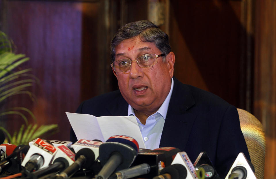 Indian cricket board (BCCI) President N. Srinivasan speaks to the media during a news conference in Kolkata May 26, 2013. Mumbai Police apprehended Srinivasan&#39;s son-in-law Gurunath Meiyappan, a key official of the Indian Premier League&#39;s (IPL) Chennai franchise, late on Friday in connection with a spot-fixing scandal that has also led to the arrest of three cricketers. Former India test bowler Shanthakumaran Sreesanth and two other local cricketers were arrested last week on suspicion of taking money to concede a fixed number of runs and police have intensified investigations to discover the extent of the scandal.  REUTERS/Rupak De Chowdhuri (INDIA - Tags: SPORT CRICKET CRIME LAW)