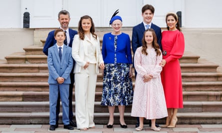 Queen Margrethe II (centre) with Crown Prince Frederik, his wife, Mary and their children (L-R) Vincent, Isabella, Josephine and Christian at Fredensborg in April 2022.