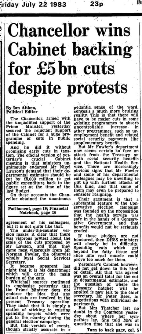 The Guardian reports on cabinet discussions over cuts in public expenditure shortly after winning the 1983 general election.