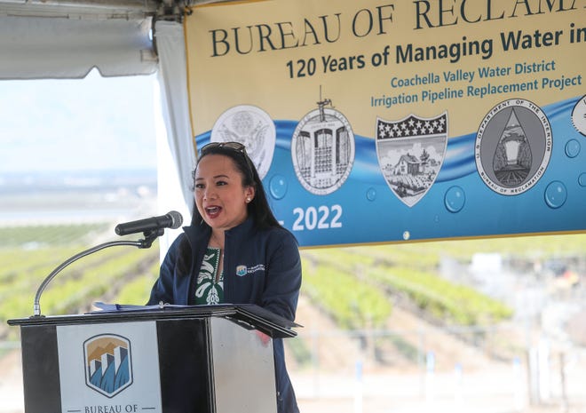 U.S. Bureau of Reclamation commissioner Camille Touton speaks during an event celebrating the 120th anniversary of the federal agency near the Coachella Branch of the All-American Canal in Thermal, Calif,. March 9, 2022.