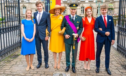 King Philippe and Queen Mathilde with their children (L to R) Princess Eléonore, Prince Gabriel, Crown Princess Elisabeth and Prince Emmanuel at 2022 National Day celebrations in front of the Royal Palace in Brussels.