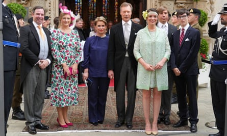L-R: Prince Guillaume, Princess Stephanie, Grand Duchess Maria Teresa, Grand Duke Henri, Princess Alexandra, Prince Louis and Prince Gabriel outside Luxembourg Cathedral in June 2022.