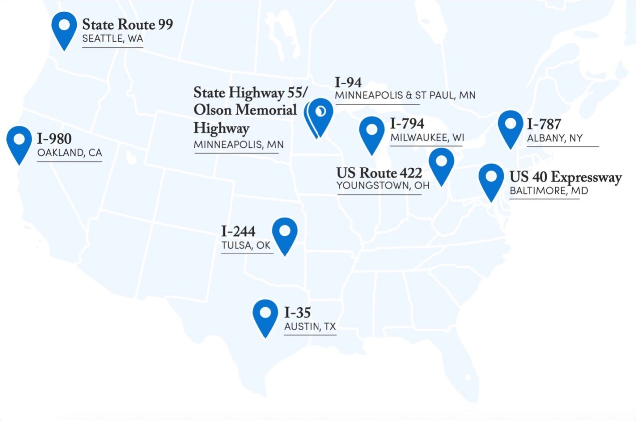 Ten highways ready to be remade as boulevards. Map: CNU