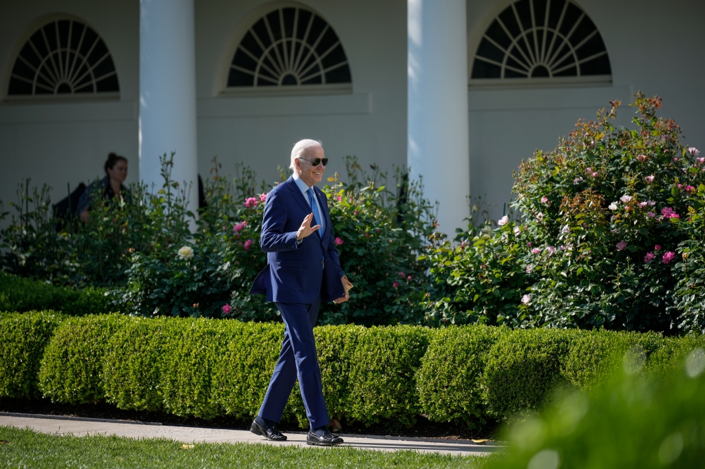 walks through the Rose Garden of the White House on his way to board Marine One on April 21, 2023 in Washington, DC. President Biden is spending the weekend at Camp David in Maryland.