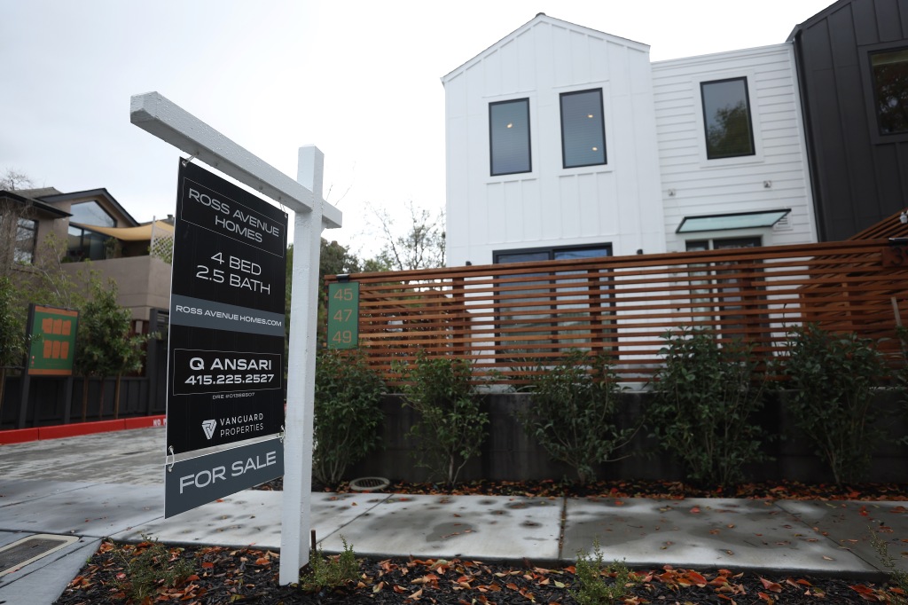 A for sale sign is posted in front of a home on March 22, 2023 in San Anselmo, California. Pre-existing home sale prices in the U.S. dropped for the first time in 11 years. The national average price of an existing-home fell 0.2% in February to $363,000.
