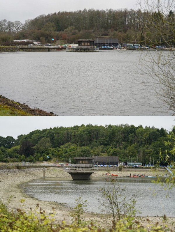 Composite of photos dated 29/03/23 (top) showing Ardingly Reservoir in West Sussex after the recent wet weather throughout March, and on 03/08/22 (bottom) just before the introduction of a hosepipe ban due to water shortages in the summer of 2022. Issue date: Sunday April 2, 2023. PA Photo. Reservoirs across England appear to have benefited from the country's wettest March in more than 40 years. Data up to March 30 showed 111.3mm of rain has fallen in the month across the country, 91% more than average. As a result, water levels appear to have increased, with huge visible differences compared with the summer. See PA story WEATHER Wet. Photo credit should read: Andrew Matthews/PA Wire